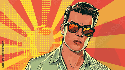 handsome man in a shirt against a background of orange and yellow rays in pop art and pin-up style