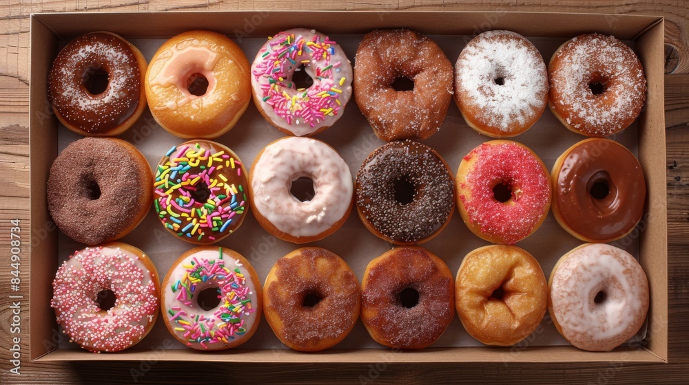 Assorted Donuts: A top-down view of a box filled with an assortment of donuts, including sprinkles, chocolate glaze, and powdered sugar varieties. Showcasing the variety and vibrant colors. Assorted Donuts: A top-down view of a box filled with an assortment of donuts, including sprinkles, chocolate glaze, and powdered sugar varieties. Showcasing the variety and vibrant colors.