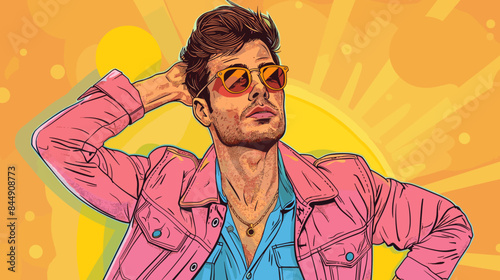 handsome man in pink jacket and sunglasses on yellow background, back style vector illustration