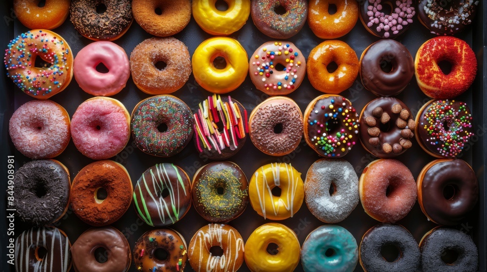Assorted Donuts: A top-down view of a box filled with an assortment of donuts, including sprinkles, chocolate glaze, and powdered sugar varieties. Showcasing the variety and vibrant colors. Assorted Donuts: A top-down view of a box filled with an assortment of donuts, including sprinkles, chocolate glaze, and powdered sugar varieties. Showcasing the variety and vibrant colors.