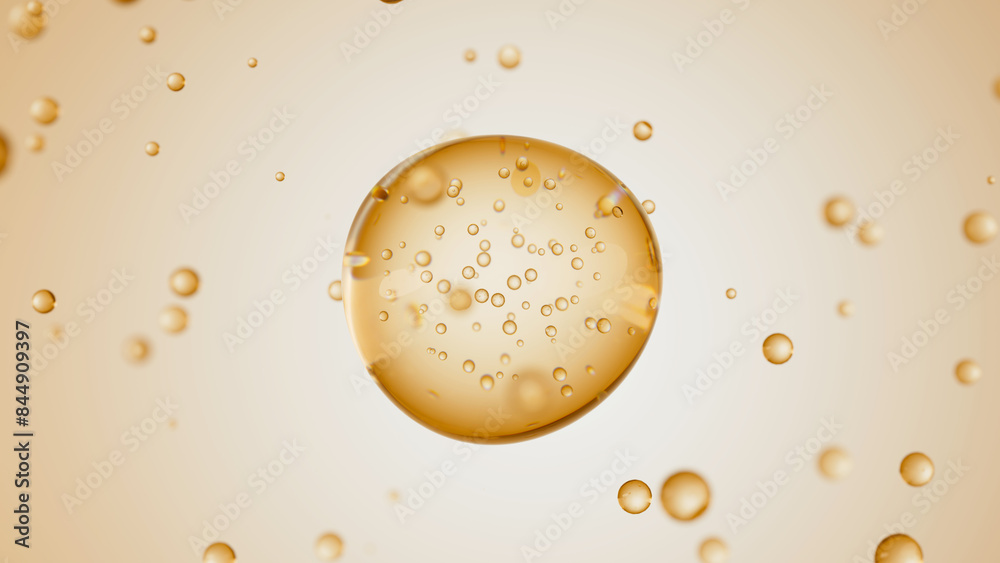 Macro of transparent drop of beige liquid with bubbles inside on beige backdrop. Skin care serum droplet. Cosmetics moisturizer fluid concept. 3d render illustration Macro of transparent drop of beige liquid with bubbles inside on beige backdrop. Skin care serum droplet. Cosmetics moisturizer fluid concept. 3d render illustration