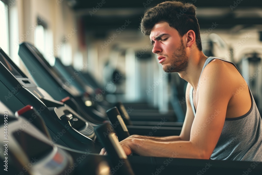 Young athletic man pausing for rest while working out on a treadmill, showing fatigue and determination Young athletic man pausing for rest while working out on a treadmill, showing fatigue and determination