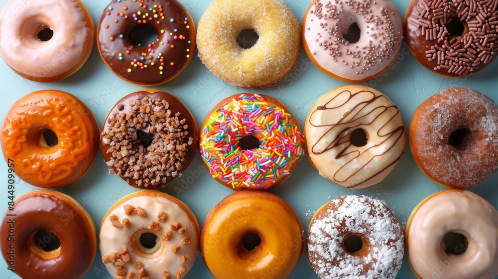 Assorted Donuts: A top-down view of an assortment of donuts, including sprinkles, chocolate glaze, and powdered sugar varieties. Showcasing the variety and vibrant colors. Assorted Donuts: A top-down view of an assortment of donuts, including sprinkles, chocolate glaze, and powdered sugar varieties. Showcasing the variety and vibrant colors.