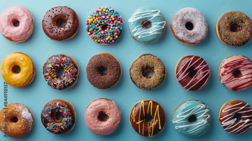 Assorted Donuts: A top-down view of an assortment of donuts, including sprinkles, chocolate glaze, and powdered sugar varieties. Showcasing the variety and vibrant colors. Assorted Donuts: A top-down view of an assortment of donuts, including sprinkles, chocolate glaze, and powdered sugar varieties. Showcasing the variety and vibrant colors.