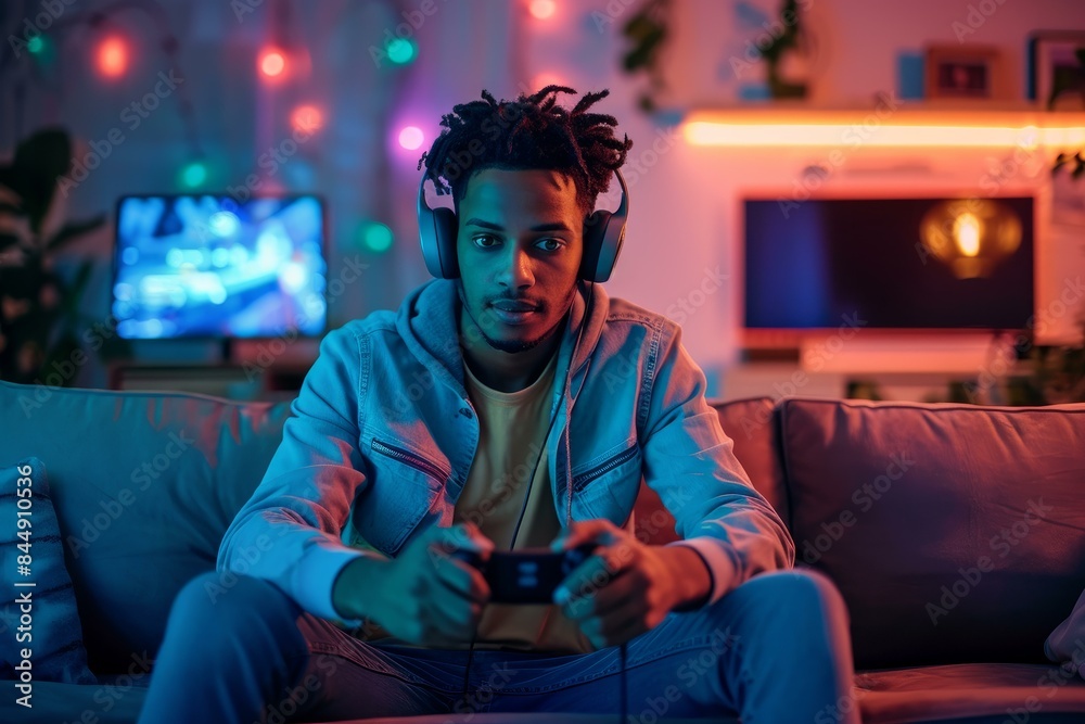 Focused young man with headphones gaming intensely in a neon-lit room at night Focused young man with headphones gaming intensely in a neon-lit room at night