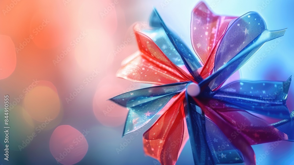 Vibrant pinwheel with red, blue petals, and bokeh background Vibrant pinwheel with red, blue petals, and bokeh background