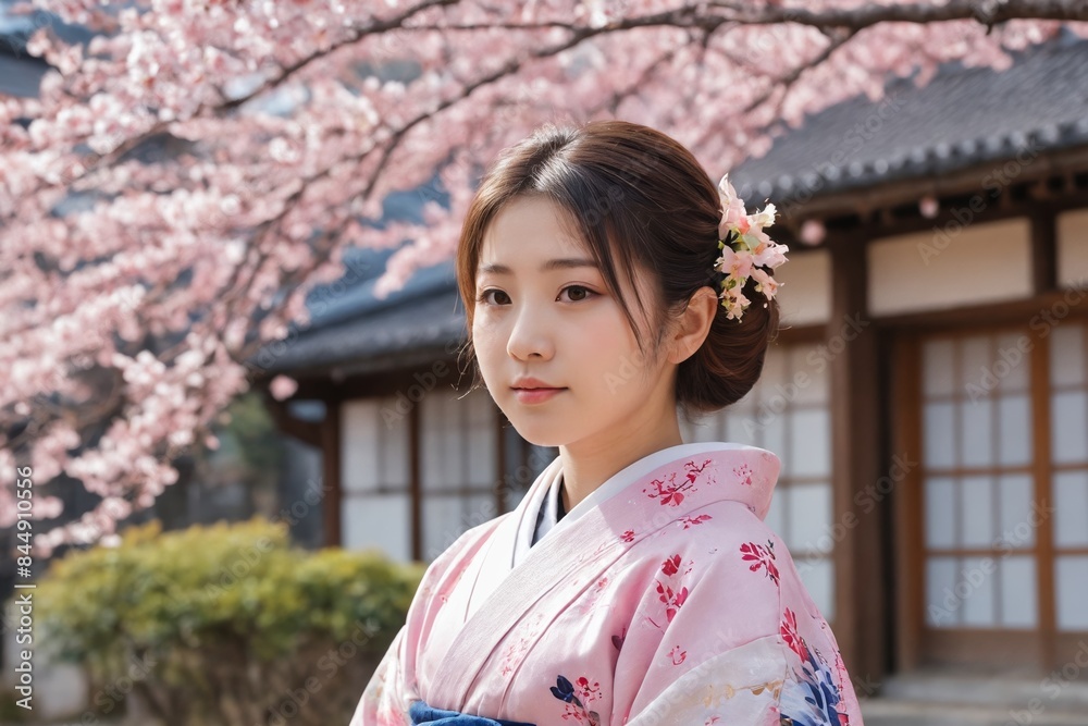 Cherry Blossom Elegance: Woman in Floral Kimono Cherry Blossom Elegance: Woman in Floral Kimono