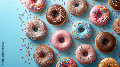 Assorted Donuts: A top-down view of an assortment of donuts, including sprinkles, chocolate glaze, and powdered sugar varieties. Showcasing the variety and vibrant colors. 