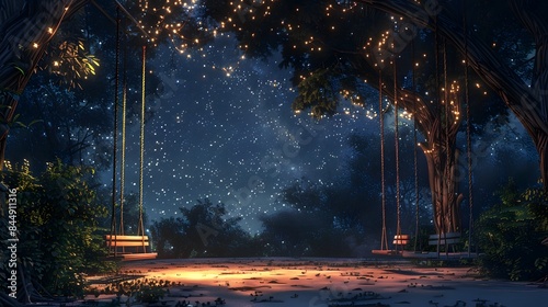 a realistic wallpaper featuring empty swings in a dimly lit park at night, with a starry sky adding to the peaceful ambiance. Realistic HD