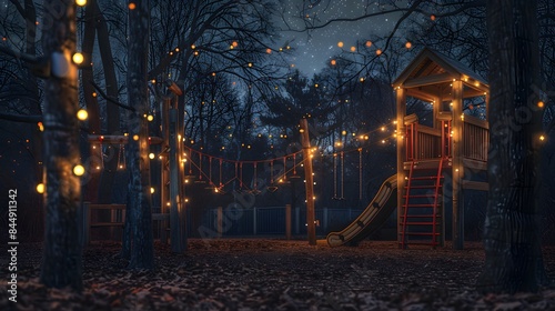 a realistic wallpaper featuring a deserted jungle gym in a park with lights on it at night, with a starry sky adding to the peaceful ambiance. Realistic HD © Love Mohammad