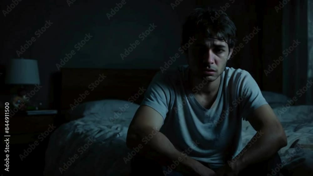 Man Sitting on Bed in Dark Room, Looking Sad