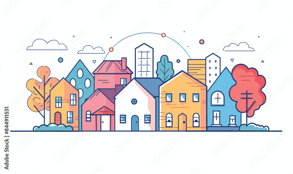 Colorful stylized cityscape illustration various buildings trees. Quaint urban neighborhood graphic depicting residential commercial architecture. Simplified city scene vibrant colors suitable