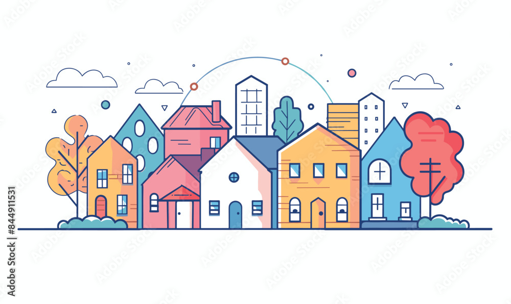 Colorful stylized cityscape illustration various buildings trees. Quaint urban neighborhood graphic depicting residential commercial architecture. Simplified city scene vibrant colors suitable Colorful stylized cityscape illustration various buildings trees. Quaint urban neighborhood graphic depicting residential commercial architecture. Simplified city scene vibrant colors suitable