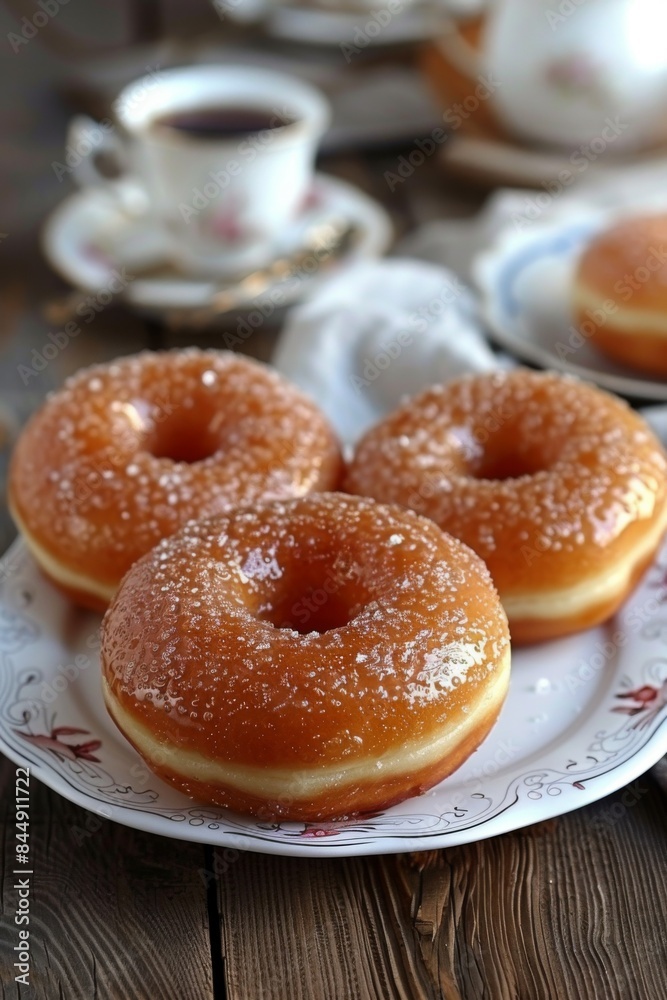 Donut with Coffee: donut with colorful sprinkles on a plate beside a steaming cup of coffee. Donut with Coffee: donut with colorful sprinkles on a plate beside a steaming cup of coffee.