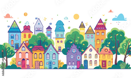 Colorful cartoon cityscape various cute houses, trees, clouds against clear sky. Brightly colored buildings, diverse architecture, tranquil urban scene childrens book illustration. Fantasy city