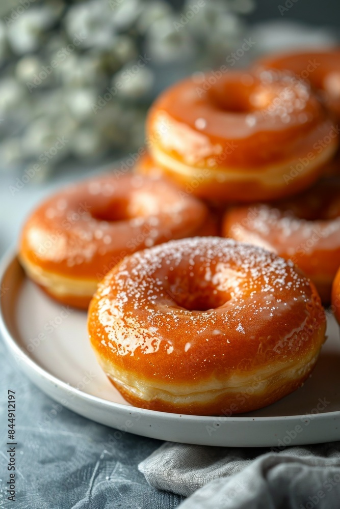 Donuts: Fresh donuts on a white plate placed on breakfast table. Donuts: Fresh donuts on a white plate placed on breakfast table.
