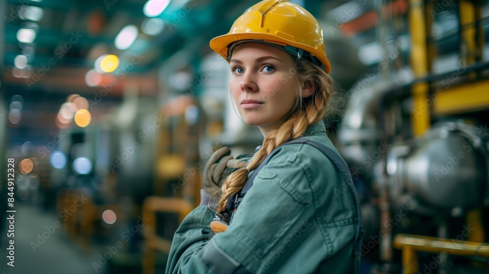 A woman wearing work clothes and a hardhat holds a tool in a factory A woman wearing work clothes and a hardhat holds a tool in a factory