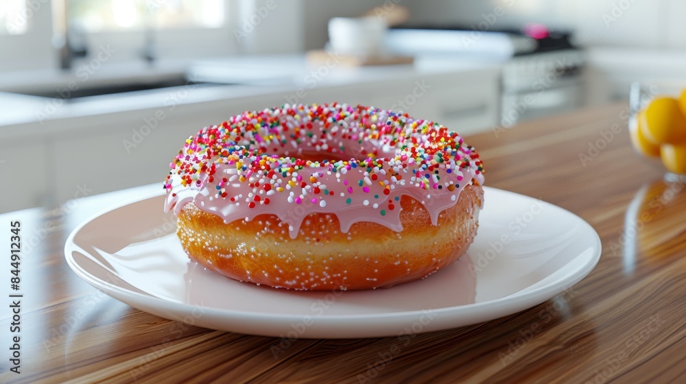 Donut with sprinkles: donut with colorful sprinkles on a plate. Donut with sprinkles: donut with colorful sprinkles on a plate.