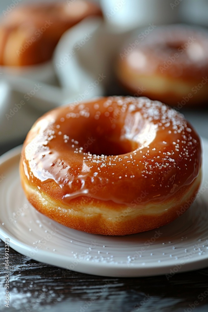 Donuts: Fresh donuts on a white plate placed on breakfast table. Donuts: Fresh donuts on a white plate placed on breakfast table.