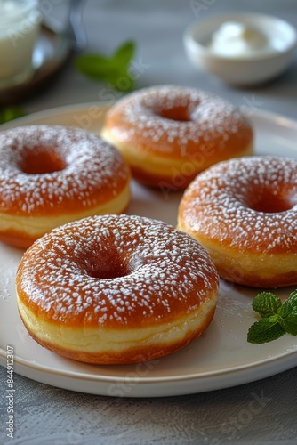 Donuts: Fresh donuts on a white plate placed on breakfast table. 