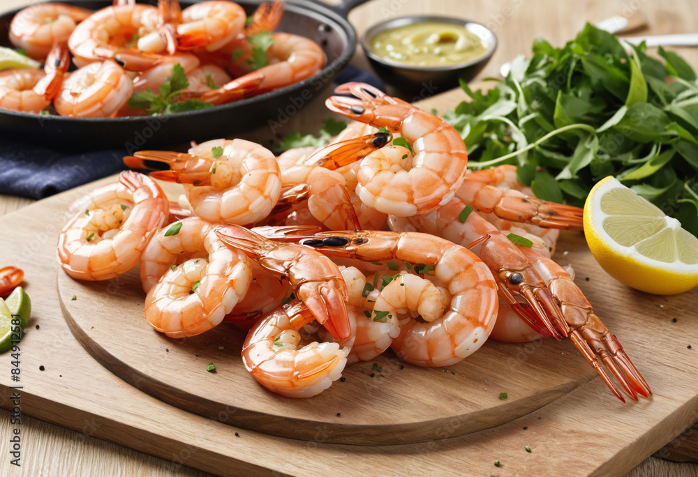 Close-up of delicious barbecued shrimp skewers served on a wooden board, created using advanced AI technology Close-up of delicious barbecued shrimp skewers served on a wooden board, created using advanced AI technology