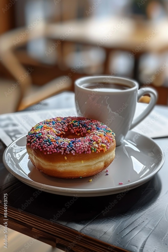 Donut with Coffee: pink donut with colorful sprinkles on a plate beside a steaming cup of coffee. Donut with Coffee: pink donut with colorful sprinkles on a plate beside a steaming cup of coffee.