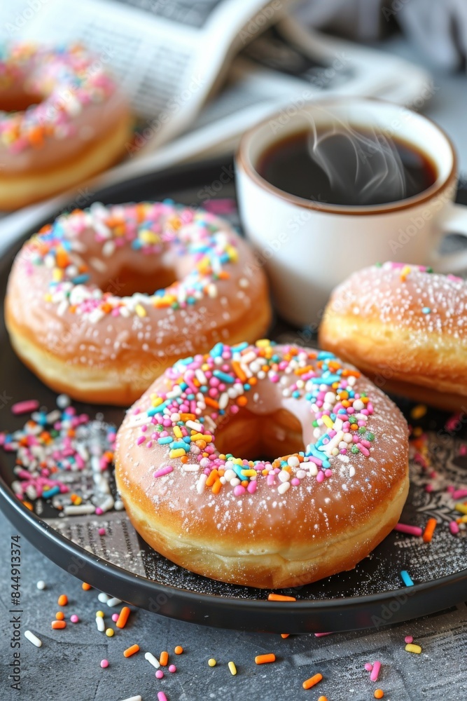 Donuts with Coffee: frosted donuts with colorful sprinkles on a plate beside a steaming cup of coffee. Donuts with Coffee: frosted donuts with colorful sprinkles on a plate beside a steaming cup of coffee.