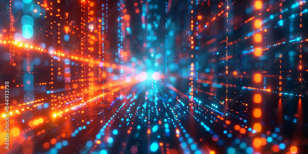 Obraz premium Blue and orange binary code background with glowing lights and data flowing, technology concept 