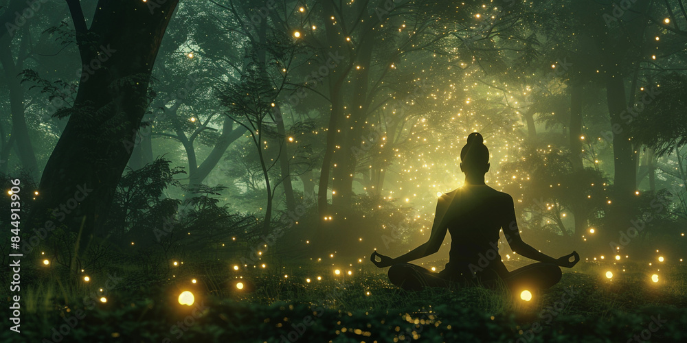 A person meditating in the forest, surrounded by glowing fireflies A person meditating in the forest, surrounded by glowing fireflies
