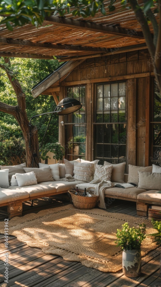 A cozy outdoor seating area with cushions A cozy outdoor seating area with cushions