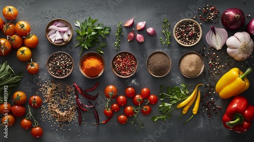 Fototapeta Naklejka Na Ścianę i Meble -  A variety of spices and fresh vegetables are laid out on a kitchen table, ready for cooking. Generative AI