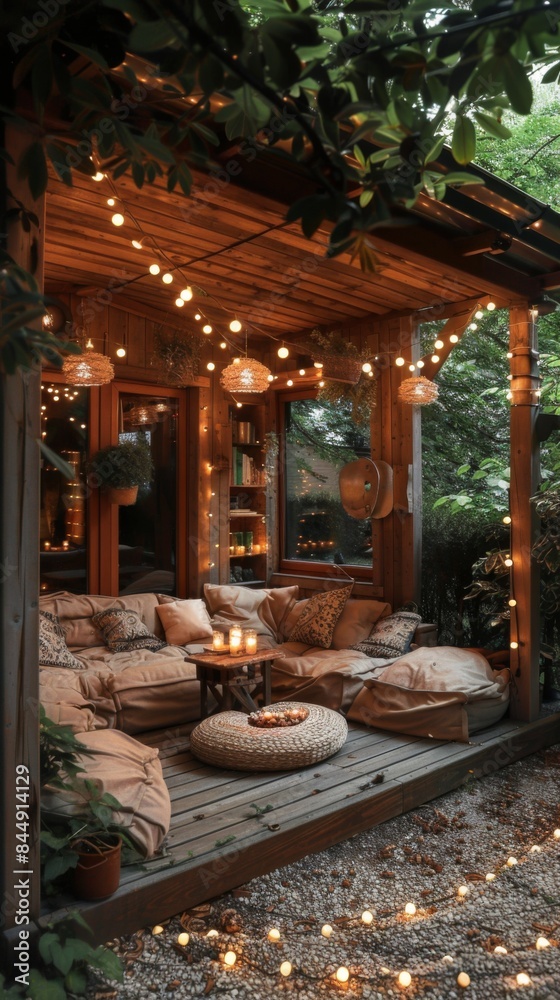 A cozy outdoor seating area with string lights and cushions A cozy outdoor seating area with string lights and cushions
