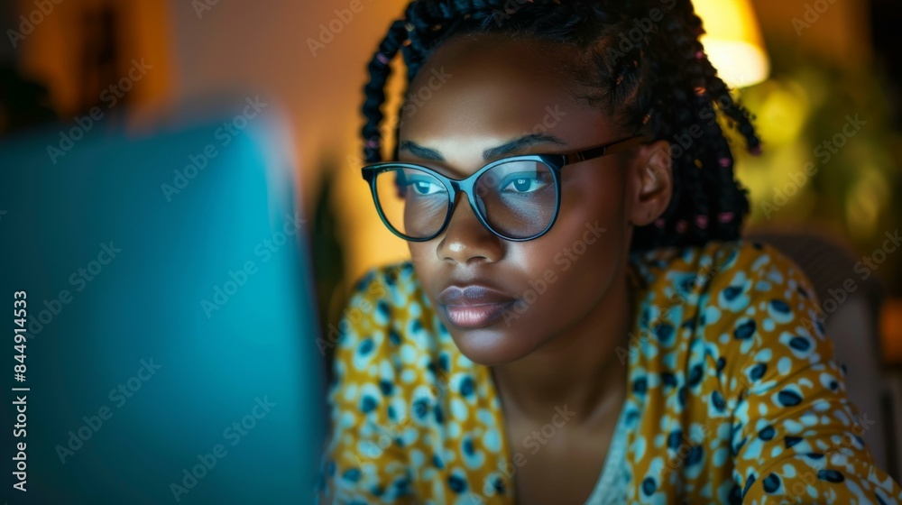 Close-up of a young woman wearing glasses and looking at her laptop screen. AI. Close-up of a young woman wearing glasses and looking at her laptop screen. AI.