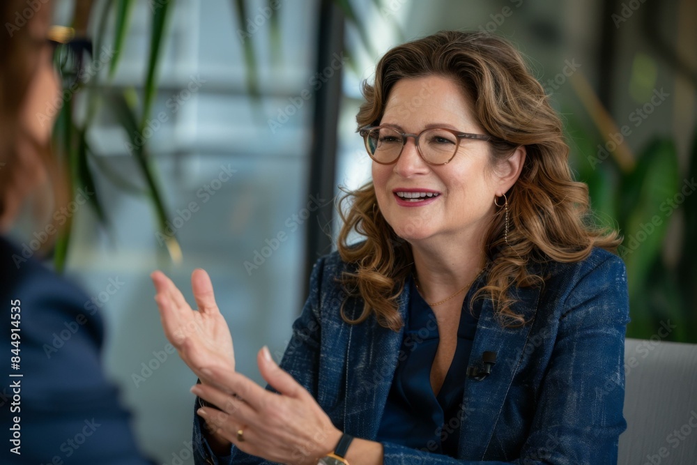 Close-up of a smiling businesswoman gesturing while having a conversation. AI. Close-up of a smiling businesswoman gesturing while having a conversation. AI.