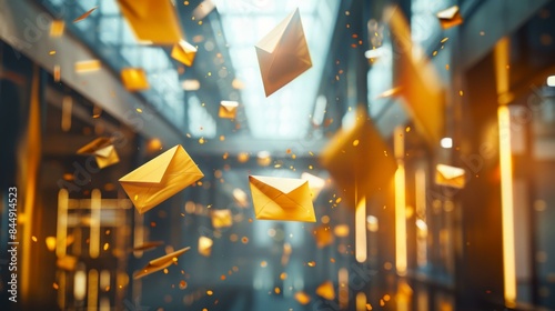 Golden envelopes flying in the air. AI.