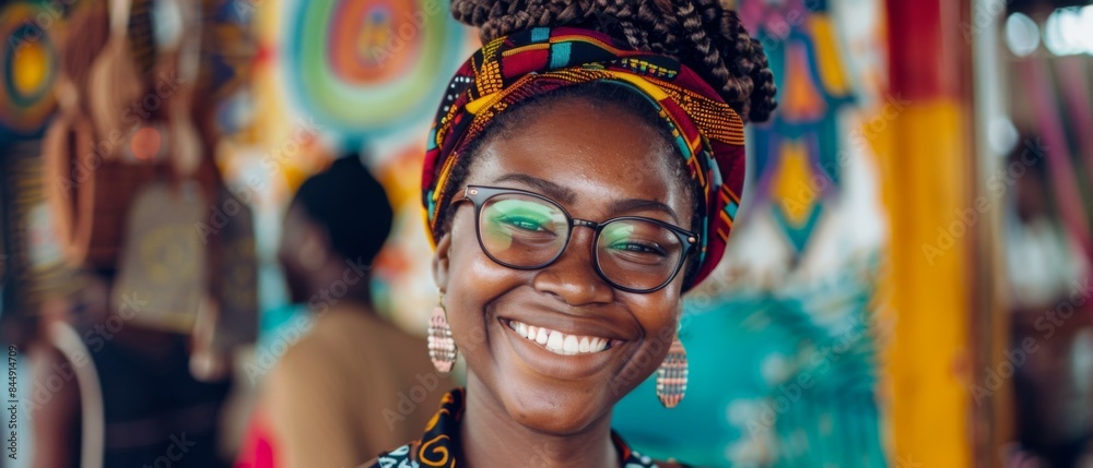 Portrait of a smiling African woman wearing a traditional headscarf and glasses. AI. Portrait of a smiling African woman wearing a traditional headscarf and glasses. AI.