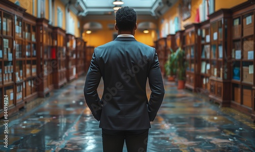 Back of an adult person looking at archive of old books and literature in an old museum art gallery