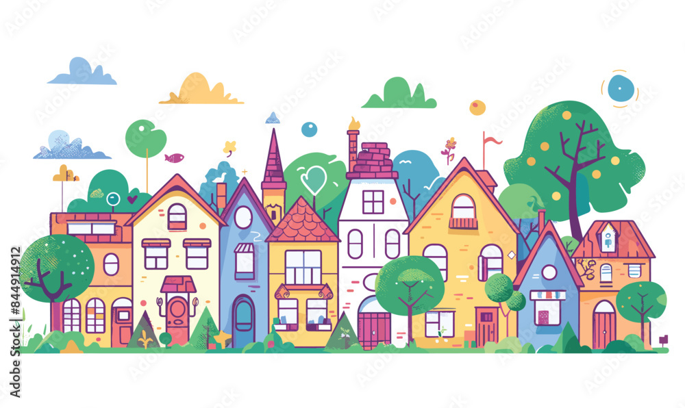Colorful cartoon village various whimsical houses greenery, under bright sky clouds sun. Whimsical trees plants surround fantasystyle homes different roofs windows. Quirky town scene charming Colorful cartoon village various whimsical houses greenery, under bright sky clouds sun. Whimsical trees plants surround fantasystyle homes different roofs windows. Quirky town scene charming