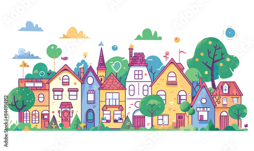 Colorful cartoon village various whimsical houses greenery, under bright sky clouds sun. Whimsical trees plants surround fantasystyle homes different roofs windows. Quirky town scene charming