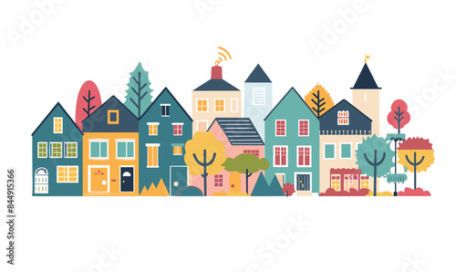 Colorful town houses trees, cartoon urban landscape, flat design. Quaint neighborhood scene, stylized residential district, variety homes architecture. Isolated white background
