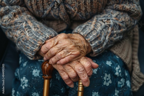 An old woman with wrinkled hands holding a walking stick. AI.