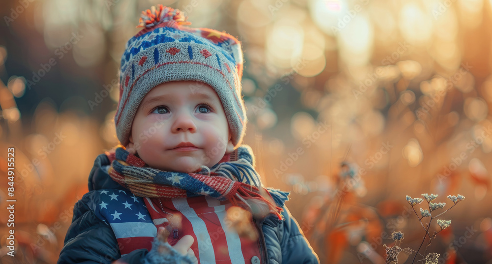 Young child in knit hat and scarf outside during autumn Young child in knit hat and scarf outside during autumn