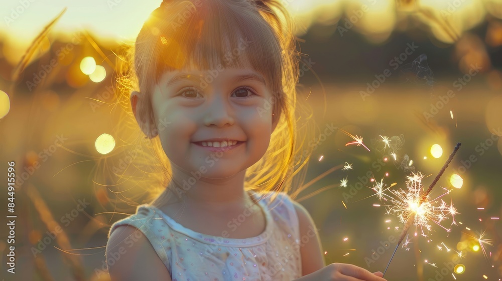Young Asian girl smiles while holding sparkler outdoors at sunset Young Asian girl smiles while holding sparkler outdoors at sunset