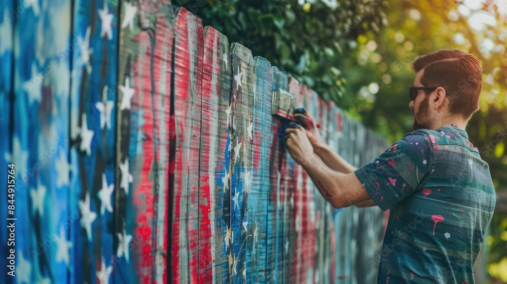Obraz premium Man painting wooden fence with colorful pattern resembling flag