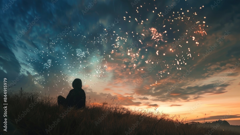 Fototapeta premium Person sits in field at dusk, vibrant sky illuminated by fireworks