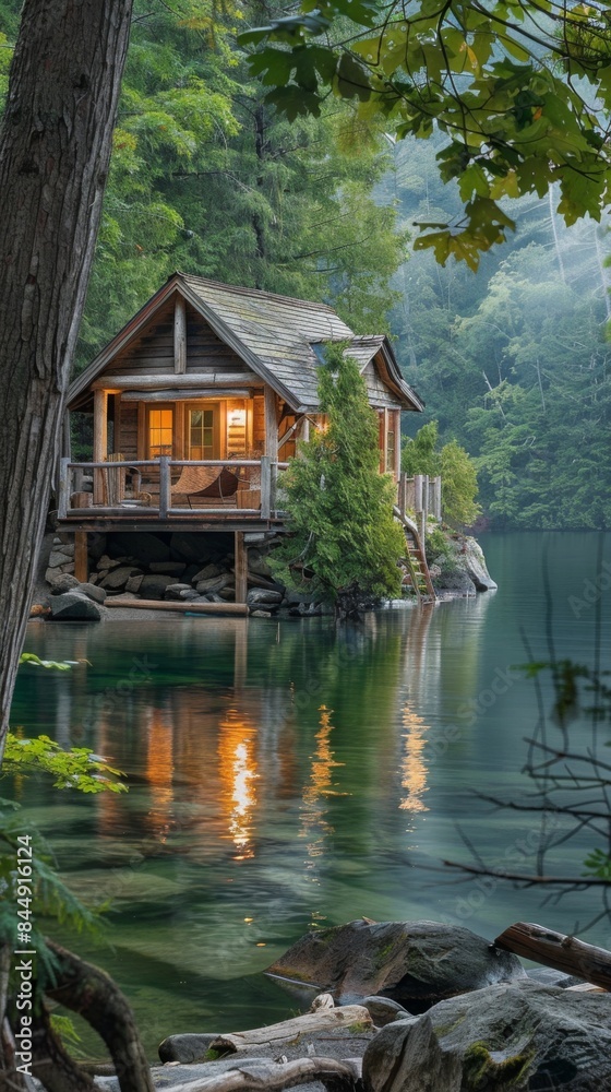 A serene lakeside cabin with a view of the water A serene lakeside cabin with a view of the water