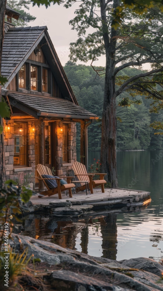 Obraz premium A serene lakeside cabin with a view of the water