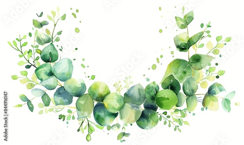 Watercolor painting of eucalyptus leaves on a white background. Suitable for botanical illustrations or nature-themed designs