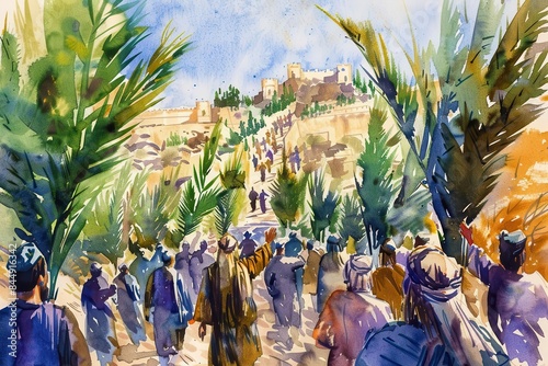 jesus triumphal entry into jerusalem on palm sunday crowds waving palm branches biblical watercolor illustration photo