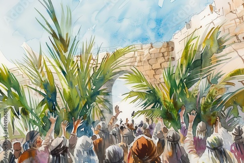 jesus triumphal entry into jerusalem on palm sunday crowds waving palm branches biblical watercolor illustration